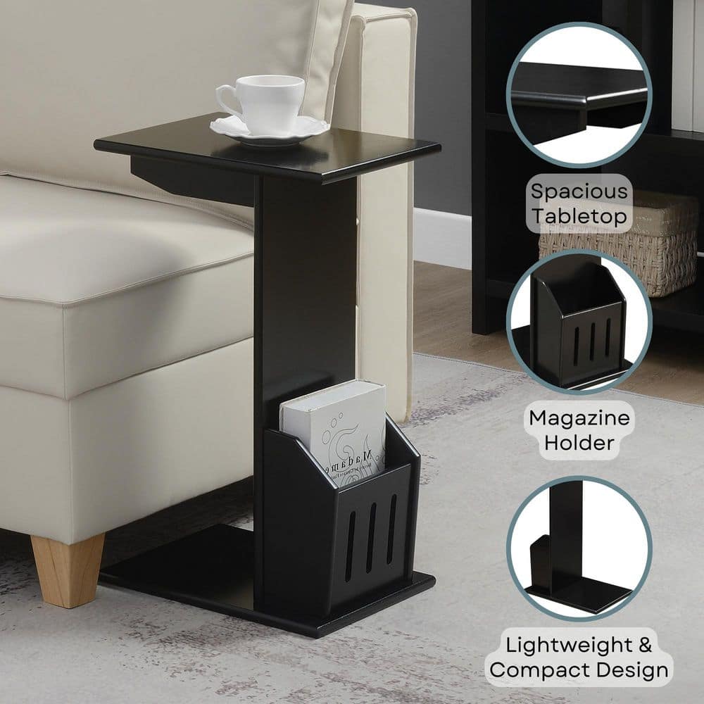 C-Shaped Black Wood Magazine Holder End Table