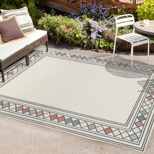 Sebastian High-Low Modern Ivory/Beige 4 ft. x 6 ft. Diamond Border Indoor/Outdoor Area Rug