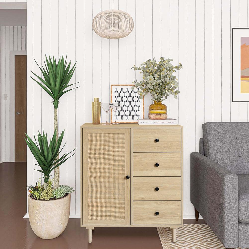 White Oak and Rattan 4-Drawer Storage Cabinet