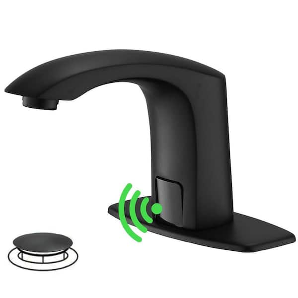 HOMEMYSTIQUE Automatic Sensor Touchless Single Hole Bathroom Sink Faucet with Deck Plate & Pop-Up Drain in Matte Black