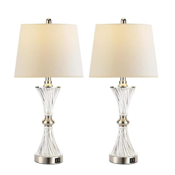 26 in Silver Touch Control Table Lamp for Bedrooms 3 Way Dimmable White Drum Shade 2 USB Charging Port Bulbs Included