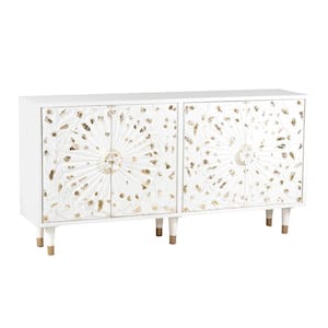 White and Gold 4 Door Wooden Sideboard with Engraved Sunburst Design Front