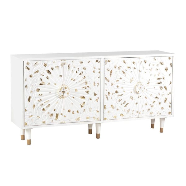 THE URBAN PORT White and Gold 4 Door Wooden Sideboard with Engraved Sunburst Design Front