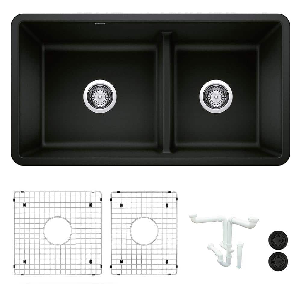 Precis 33 in. Undermount Double Bowl Coal Black Granite Composite Kitchen S