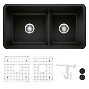 Precis 33 in. Undermount Double Bowl Coal Black Granite Composite Kitchen Sink Kit with Accessories