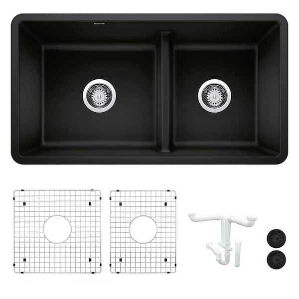 Blanco Precis 33 in. Undermount Double Bowl Coal Black Granite Composite Kitchen Sink Kit with Accessories