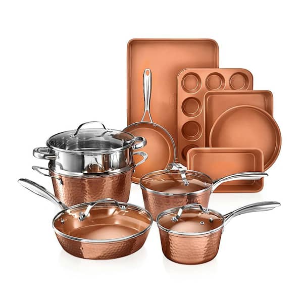 Gotham Steel Hammered Copper 15-Piece Aluminum Non-Stick Cookware Set and  Bakeware Set 2984 - The Home Depot