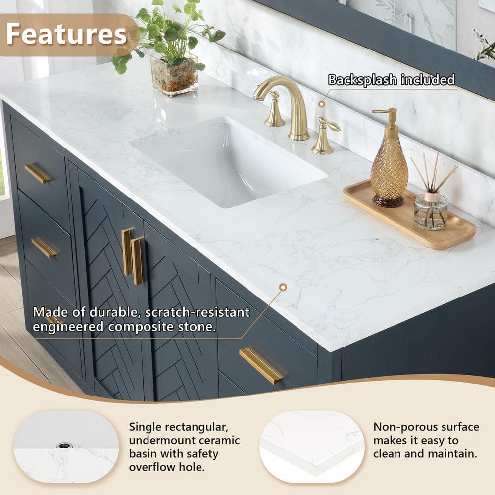 Ceres 61" White Engineered Stone Vanity Top with Sink