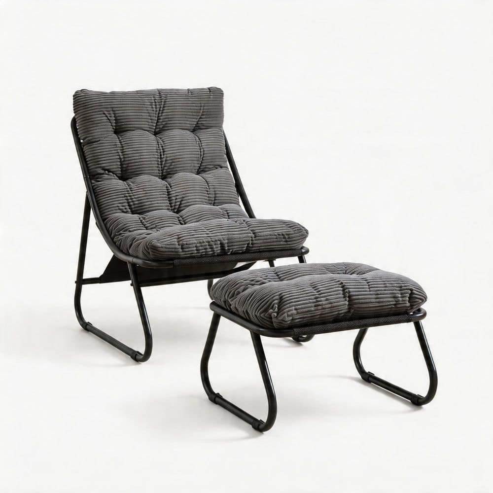 Black Powder-Coated Steel Frame Padded Sling Recliner Outdoor Lounge Chair with Ottoman in Grey Cushion Set of 1 price history on PriceWatchPro