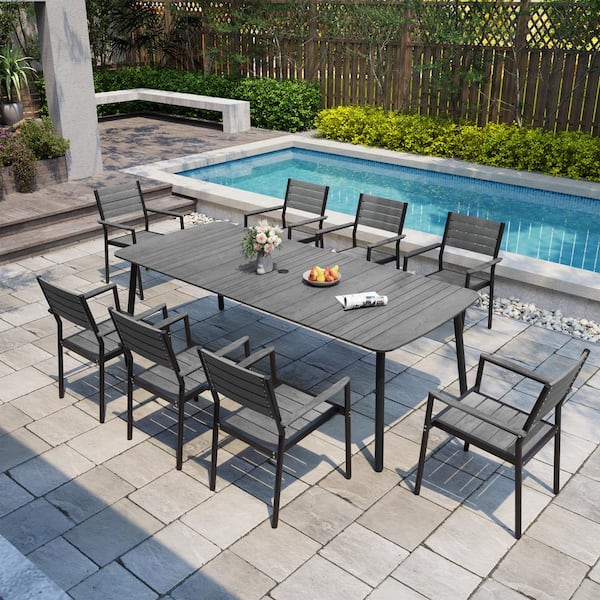 Pellebant 9-Piece Metal Aluminum Rectangular Patio Outdoor Dining Set with Stackable Arm Dining Chairs and Umbrella Hole, Gray
