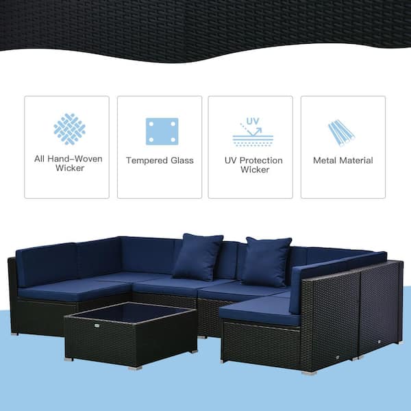 Outsunny Patio Life Brown 7-Pieces Steel Plastic Rattan Patio Set with Dark Blue Cushions 860-020V01BU - The Depot