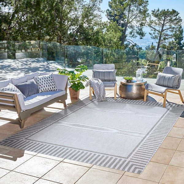 Paseo Kiano Ash/Steel 8 ft. x 10 ft. Striped Border Indoor/Outdoor Area Rug