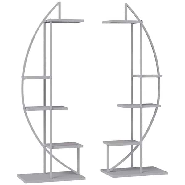 Zeus & Ruta 60.75 in. Gray Metal Plant Stand Half Moon Shape Flower Pot Display Shelf for Patio Garden Decor with 5-Tier (Pack of 2)