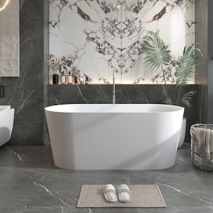 63 in. Stone Resin Flatbottom Solid Surface Freestanding Double Slipper Soaking Bathtub in White with Brass Drain