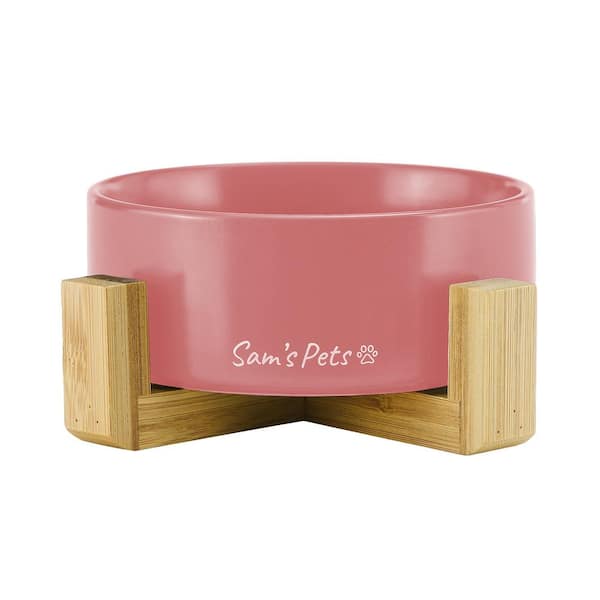 Sam's Pets 5.11 in. Coco Single Pet Bowl with Wood Stand in Pink