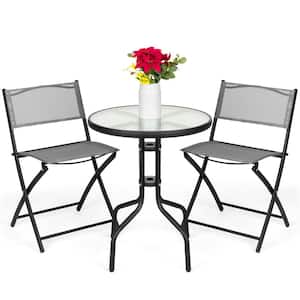 Gray 3-Piece Outdoor Patio Bistro Set with Textured Glass Table Top, Folding Chairs