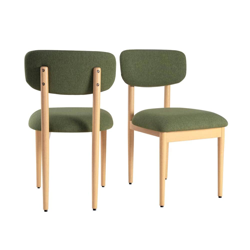 Front and back views of two green padded dining chairs with natural wood legs.