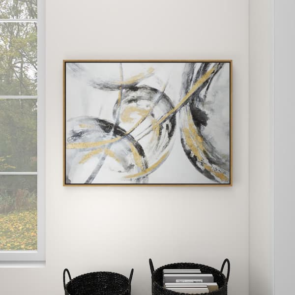 Large Metallic Gold & Black Contemporary Abstract Art Painting in Metallic Gold Wood Frame, 39.5" x 29.5"