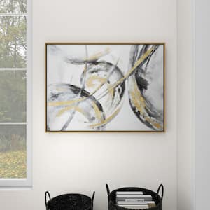 Large Metallic Gold & Black Contemporary Abstract Art Painting in Metallic Gold Wood Frame, 39.5" x 29.5"