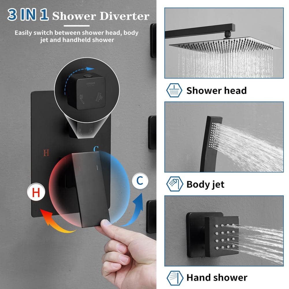 Matte Black 12-Inch Stainless Steel Multi-Head Wall Mounted Shower System