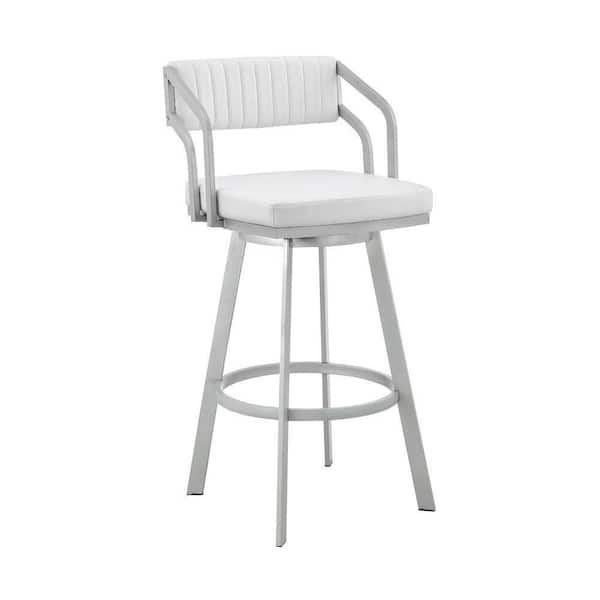 Benjara Lyla 40 in. White and Silver Vegan Faux Leather Swivel Metal Bar Stool