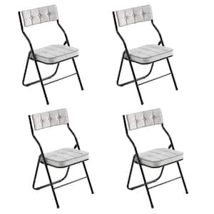 Modern Steel Frame Folding Chairs Stackable Dining Chairs with Light Gray Velvet Seats Set of 4