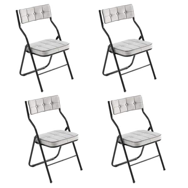 HOMEFUN Modern Steel Frame Folding Chairs Stackable Dining Chairs with Light Gray Velvet Seats Set of 4