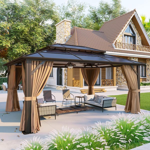 Sizzim 16 ft. x 12 ft. Outdoor Brown Polycarbonate Double Roof Gazebo with Curtains and Netting for Garden, Lawns, Patio