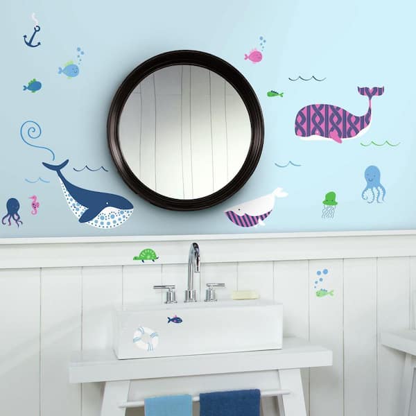 RoomMates 5 in. W x 11.5 in. H Sea Whales 50-Piece Peel and Stick Wall Decal