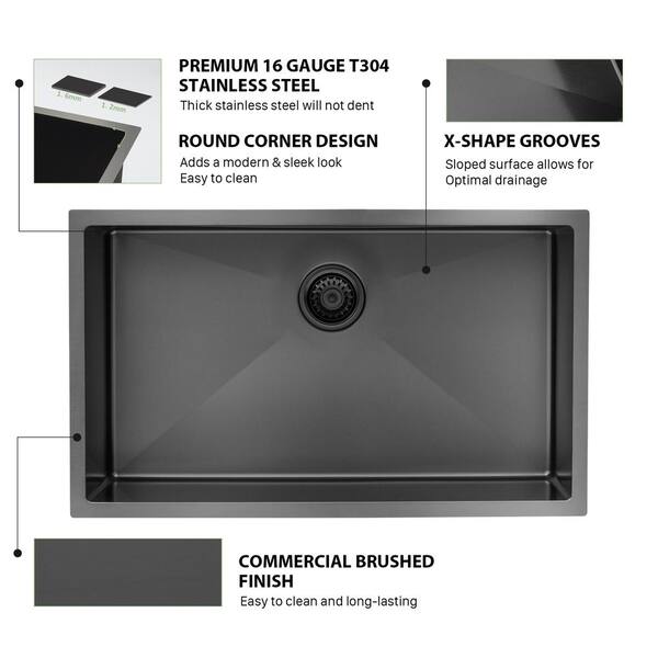 Gunmetal Black 16-Gauge Stainless Steel 30 in. Single Bowl Undermount  Kitchen Sink with Bottom Grid and Drain Assembly