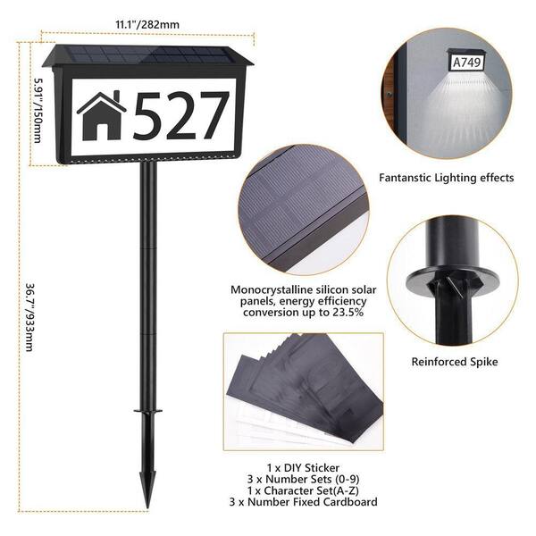 Solar Powered Address Sign With 3 Color Lights - Illuminated House Numbers For Wall Or Ground Mount