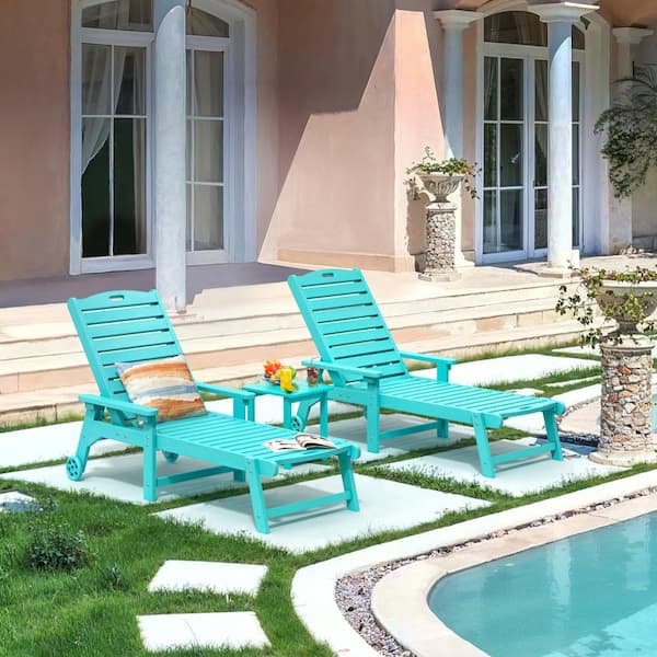 LUE BONA Hellen Keller Aruba Blue 3-Piece HDPS Plastic Adjustable Outdoor Patio Reclining Chaise Lounge Chair Set with Side Table