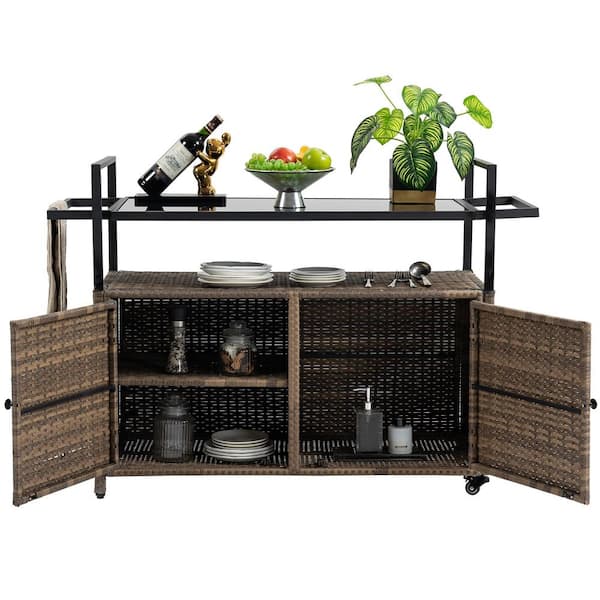 Unbranded Outdoor Wicker Serving Cart, Patio Wine Bar Cart with Lockable Wheels and Glass Top. Light Brown
