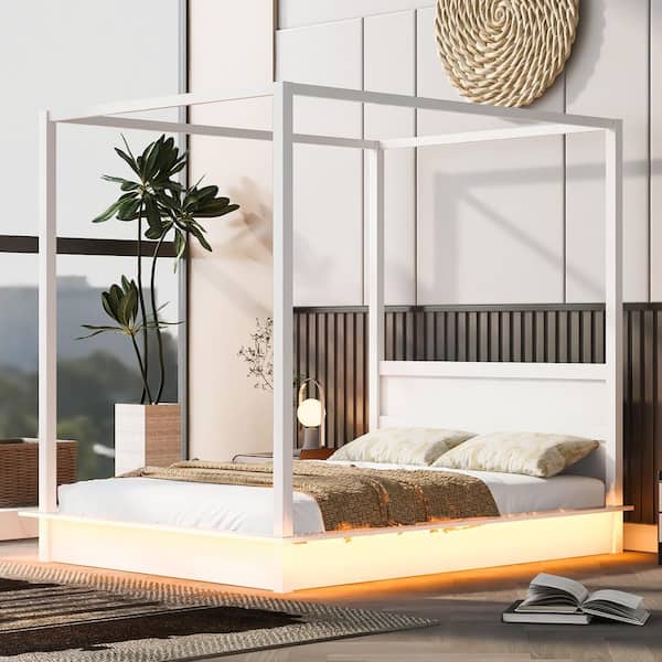 Harper & Bright Designs White Wood Frame Queen Size Canopy Bed with LED light and Support Slats