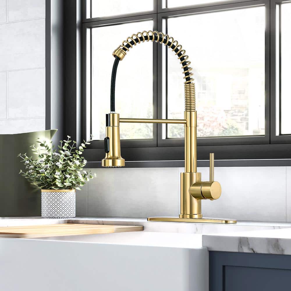Brushed Gold Stainless Steel Pull Down Kitchen Faucet with Deck Plate