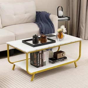 42 in. White Rectangle Coffee Table 2-Tier Modern Marble Coffee Table with Storage Shelf for Living Room