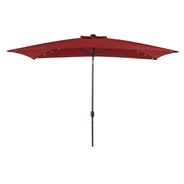 Unbranded 10 ft.x 6.5 ft. Rectangle Solution-Dyed Fabric Aluminum Market Patio Umbrella in Red with Solar LED Lighting
