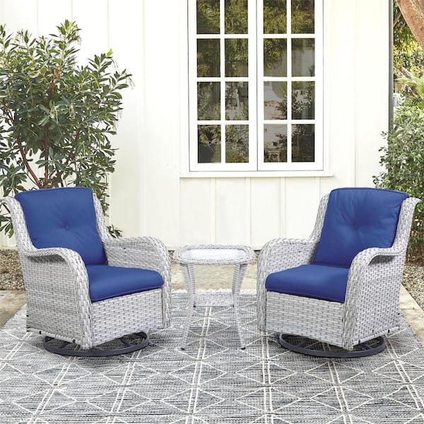 Gymojoy Carolina 3-Pcs Wicker Outdoor Conversation Set with Blue Cushion