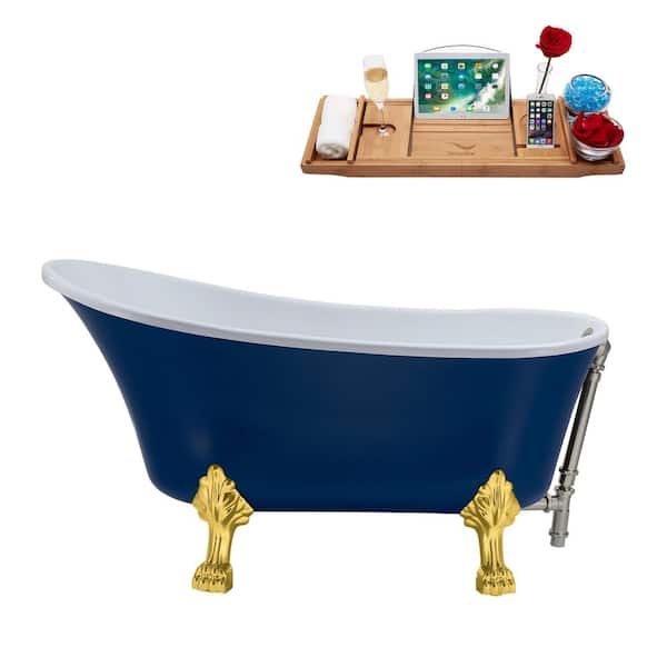Streamline 55 in. Acrylic Clawfoot Non-Whirlpool Bathtub in Matte Dark Blue With Polished Gold Clawfeet And Brushed Nickel Drain