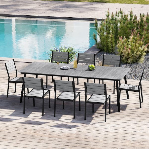 Gray 9-Piece Aluminum Rectangular 94 in. Table Outdoor Dining Set with Umbrella Hole