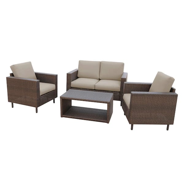 Leisure Made Draper 4-Piece Wicker Patio Conversation Set with Tan Cushions