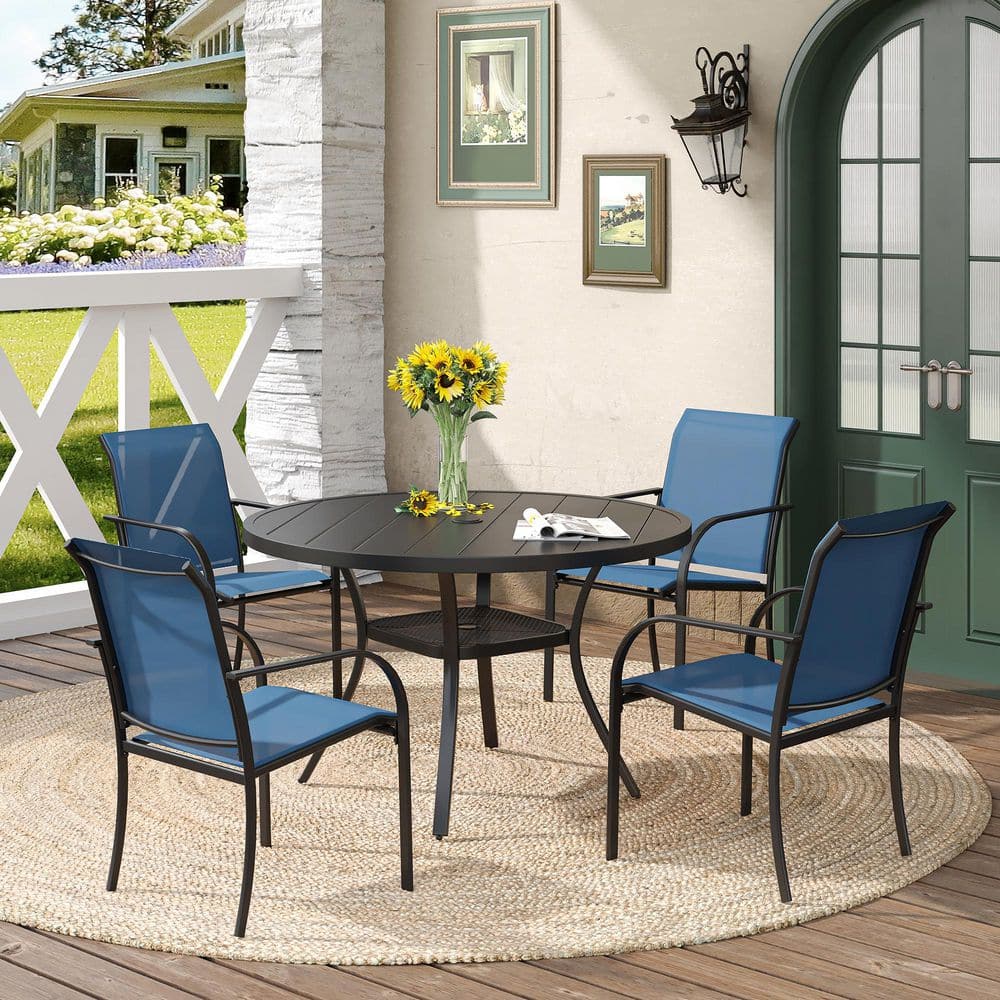 5-Piece Patio Dining Set with Black Round Metal Table and 4-Blue Dining Chairs with Curved Armrests for Outdoor Use price history on PriceWatchPro