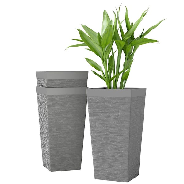 Outsunny 22.8 Inch Outdoor Planters, Set of 3 Plastic Flower Pots with Stone Finish and Wheels, Stackable Tapered Planters with Drainage Hole, Gray