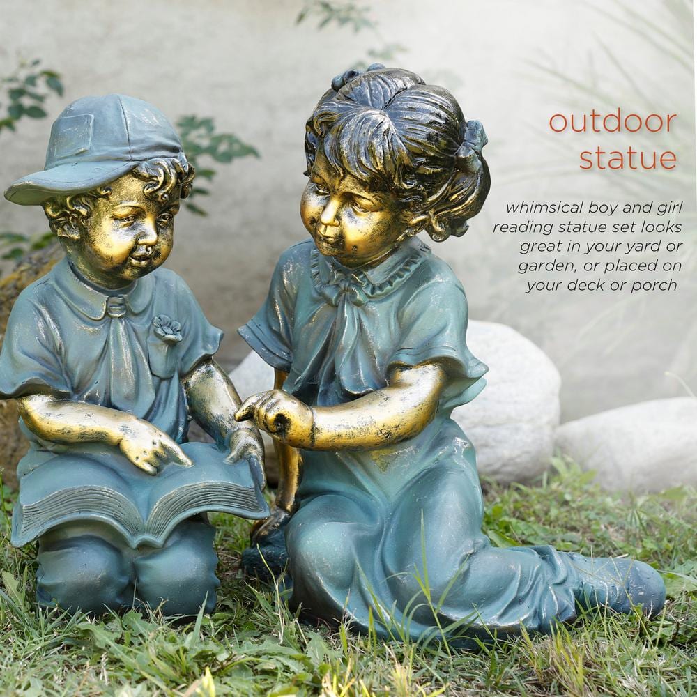 Antique Bronze Boy and Girl Reading Garden Statue Set