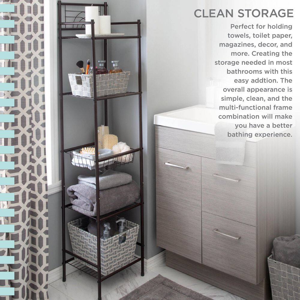 Bronze 5-Tier Freestanding Bathroom Storage Shelf with Basket