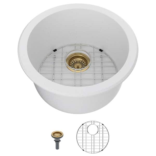 18 in. Undermount Single Bowl White Granite Composite Quartz Round Bar Sink for Island or RV Use