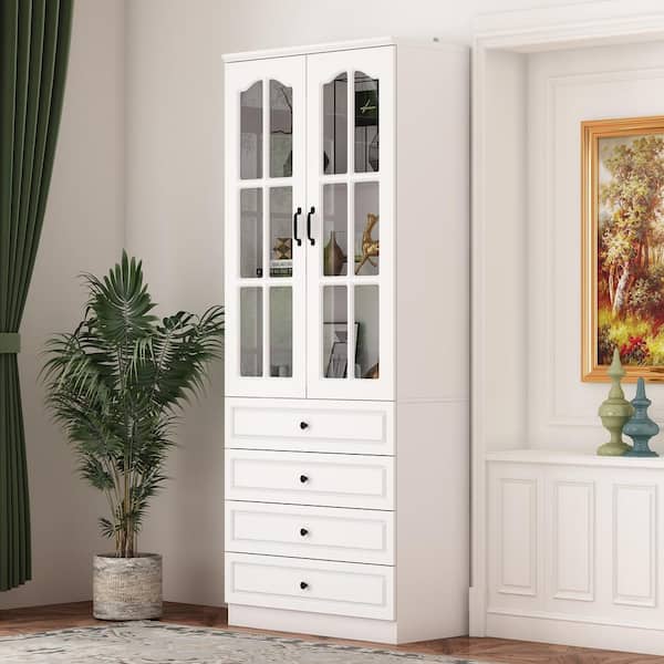White Wood Accent Storage Cabinet With Glass Doors, Adjustable Shelves,  Drawers (31.5 in. W x 15.7 in. D x 78.7 in. H)