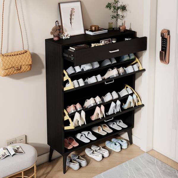 White Rattan Shoe Cabinet Set of 2, Narrow Free Standing Shoe Racks with 2  Flip Drawers And Metal Legs, Shoe Storage Cabinet for Entryway, Bedroom,  Living Room, Apartment 