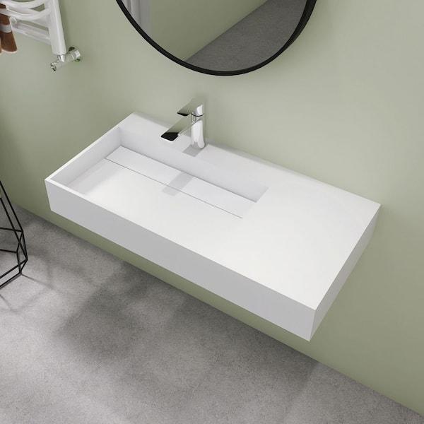 36" Wall Mount Rectangle Sink, Solid Surface Bathroom Sink in White