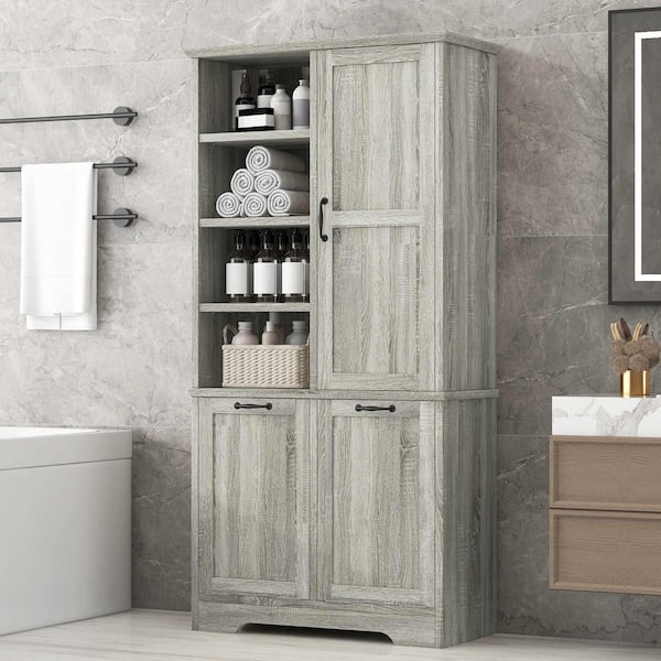 Oak 68 in. H Accent Cabinet, Bathroom Storage Cabinet with Doors and Drawers, Tilt-Out Laundry Hamper, Adjustable Shelf